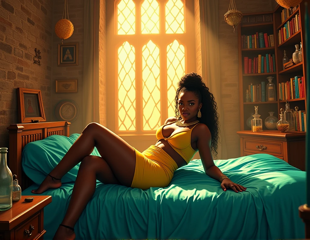 In a grand medieval tower bathed in bright sunlight, an African witch with a big, curvy body rests on a bed covered in brilliant turquoise linens. She’s wearing a bright yellow crop top and mini skirt, the fabric hugging her curves, highlighting every inch of her voluptuous figure. The sun’s rays illuminate her dark skin, creating a glowing aura around her body. The room is filled with vibrant spell books, potions in glass bottles that catch the light, and talismans hanging from the walls. From above, the scene captures her as the centerpiece of the radiant room, her curves and presence dominating the space in the full brightness of day.