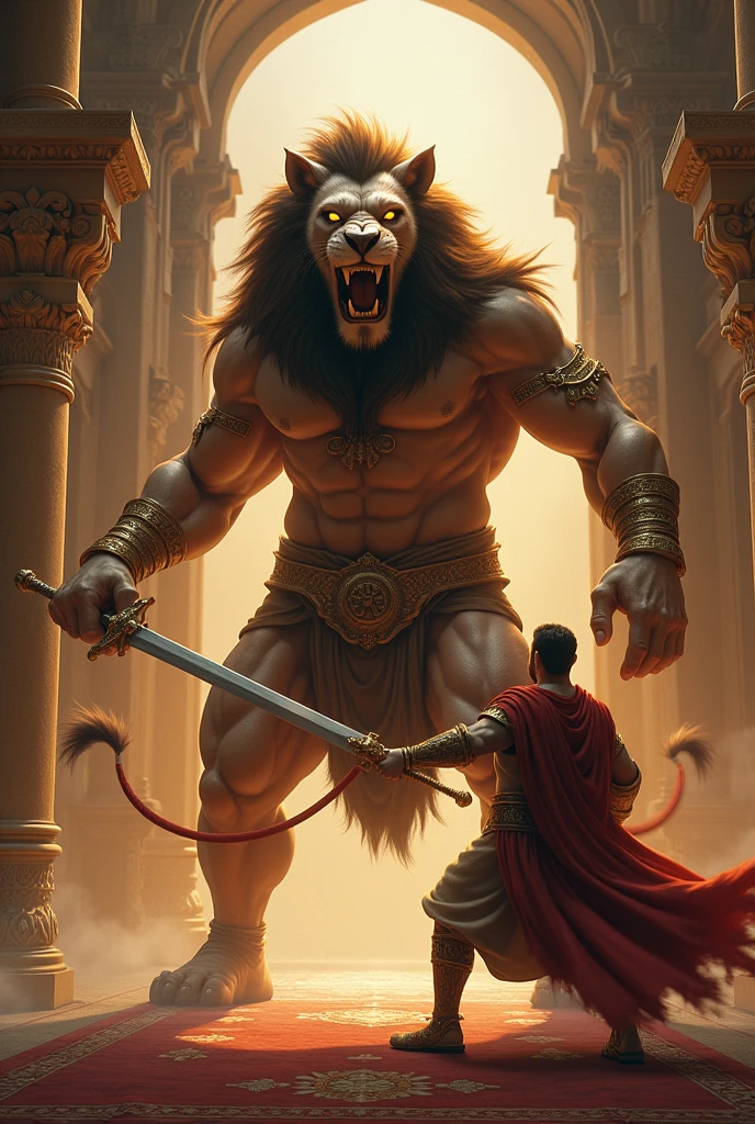 A half man half lion Indian God is standing and roaring in a battle field inside a royal palace and a king is standing against him with a sword 