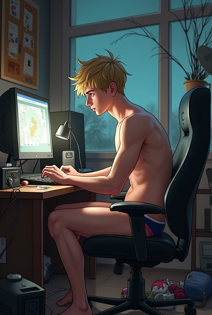 Gamer man in underwear playing a game called Minecraft with lots of underwear in the room. This gamer is sitting on a gamer chair dressed only in underwear and has white skin, dark blond hair and very dark brown eyes., in the gamer room he is in , There are a lot of men&#39;s boxer briefs lying around the room and on the PC