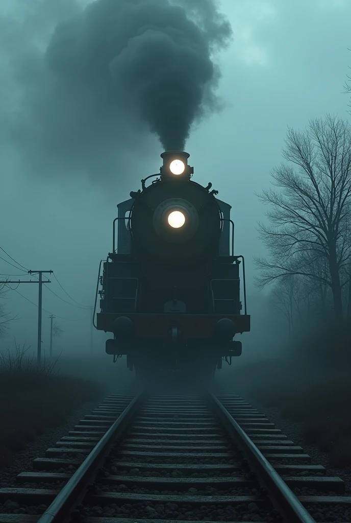 a ghostly steam locomotive, moody and ethereal atmosphere, dark cloudy sky, abandoned railway tracks, eerie glowing windows, haunting wisps of steam, chiaroscuro lighting, cinematic camera angle, dramatic shadows, high contrast, muted color palette, haunting ambience, ominous atmosphere, (best quality,4k,8k,highres,masterpiece:1.2),ultra-detailed,(realistic,photorealistic,photo-realistic:1.37),dark fantasy,dramatic lighting