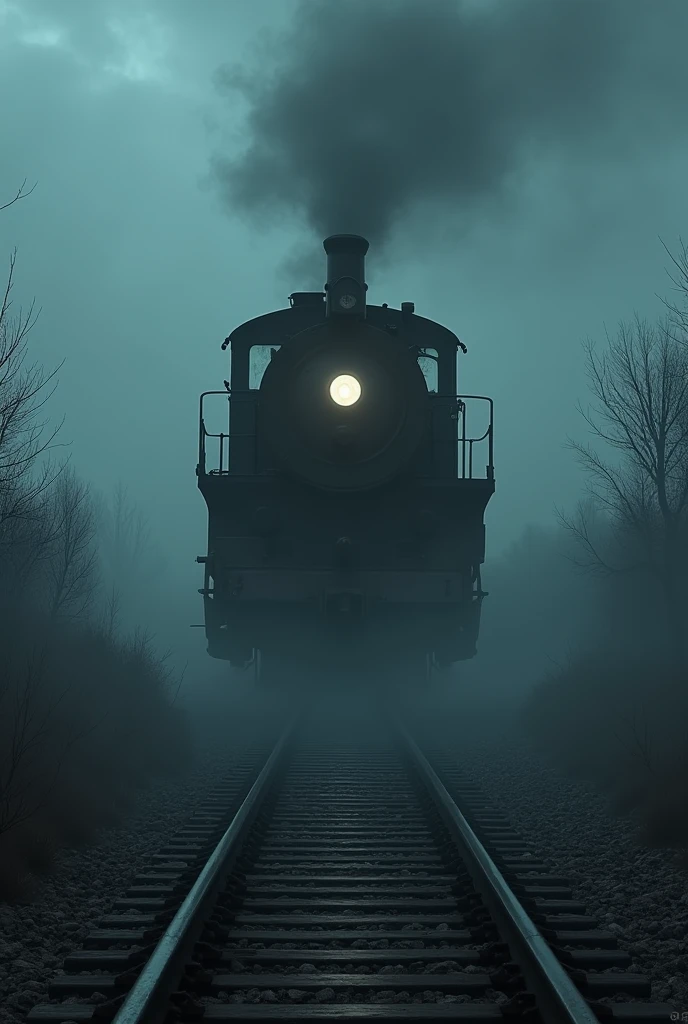 a ghostly steam locomotive, moody and ethereal atmosphere, dark cloudy sky, abandoned railway tracks, eerie glowing windows, haunting wisps of steam, chiaroscuro lighting, cinematic camera angle, dramatic shadows, high contrast, muted color palette, haunting ambience, ominous atmosphere, (best quality,4k,8k,highres,masterpiece:1.2),ultra-detailed,(realistic,photorealistic,photo-realistic:1.37),dark fantasy,dramatic lighting