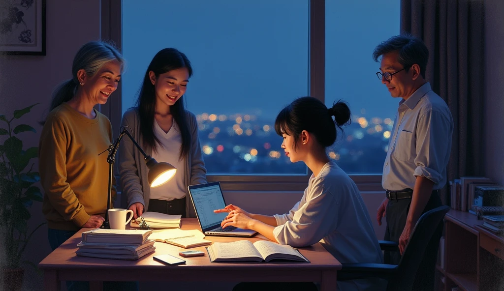 A stunning oil painting of a young beautiful Korean woman studying, beautifully portrayed with a lost and melancholic expression. In the soft glow of a study lamp, a she sits in her comfortable chair, surrounded by the organized chaos of study materials. Her desk is cluttered with open books, a laptop, and a mobile phone, each item a tool in her quest for knowledge. In a softly lit room, the young girl sits at her desk, engrossed in her studies. The warm glow from her desk lamp casts a gentle light over her open books, laptop, and scattered notes. Standing beside her, her elderly father and her mother watch with evident pride and admiration. Their faces are illuminated by the room's light, reflecting their joy and satisfaction. The window beside her at a distance, reveals the deep blue of night time, with the city lights faintly glimmering in the distance. The room is bathed in a warm, focused light that contrasts with the cool darkness outside, creating a serene, studious atmosphere., adding to the sense of unease. The painting exhibits a dream-like, impressionistic style, with visible brushstrokes that create a sense of depth and texture. The color palette primarily consists of deep purples, greys, and blacks, evoking a depressive atmosphere. wide shot.