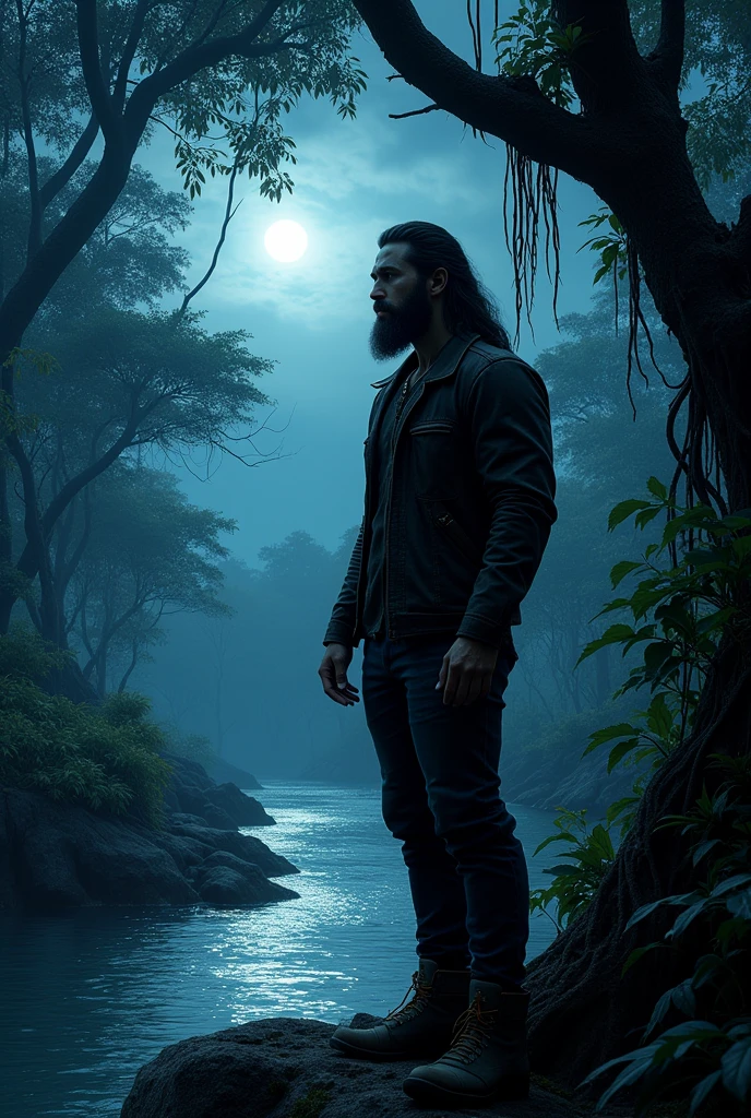 Photorealism 1.2 high detailed male long hair beard standing near the river bank at night Asian forest jungle rainforest near river dark night