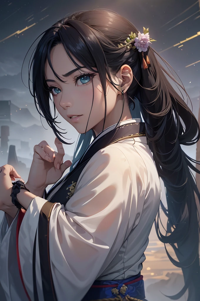 Starry sky and fog cover the landscape.Rich historical background. (Highest quality,4K,8k,High resolution,masterpiece:1.2), Very detailed, (Realistic,Realistic,Photorealistic:1.37), High resolution, Hyper HD, Studio Lighting, Ultra-fine painting, Sharp focus, Physically Based Rendering, Very detailed説明, Professional, Vibrant colors, Bokeh, Sports Late, Ancient War Landscapes, Traditional Chinese Painting Techniques, Atmospheric lighting, Dynamic Pose, Complex combat scenarios, Vivid color contrast, Visually stunning composition, Ethereal atmosphere,Very detailed目と顔, Beautiful attention to detail, Light on the face, (Hanfu: 1.1),Green Eyes, (Sexy and acrobatic poses:1.3)