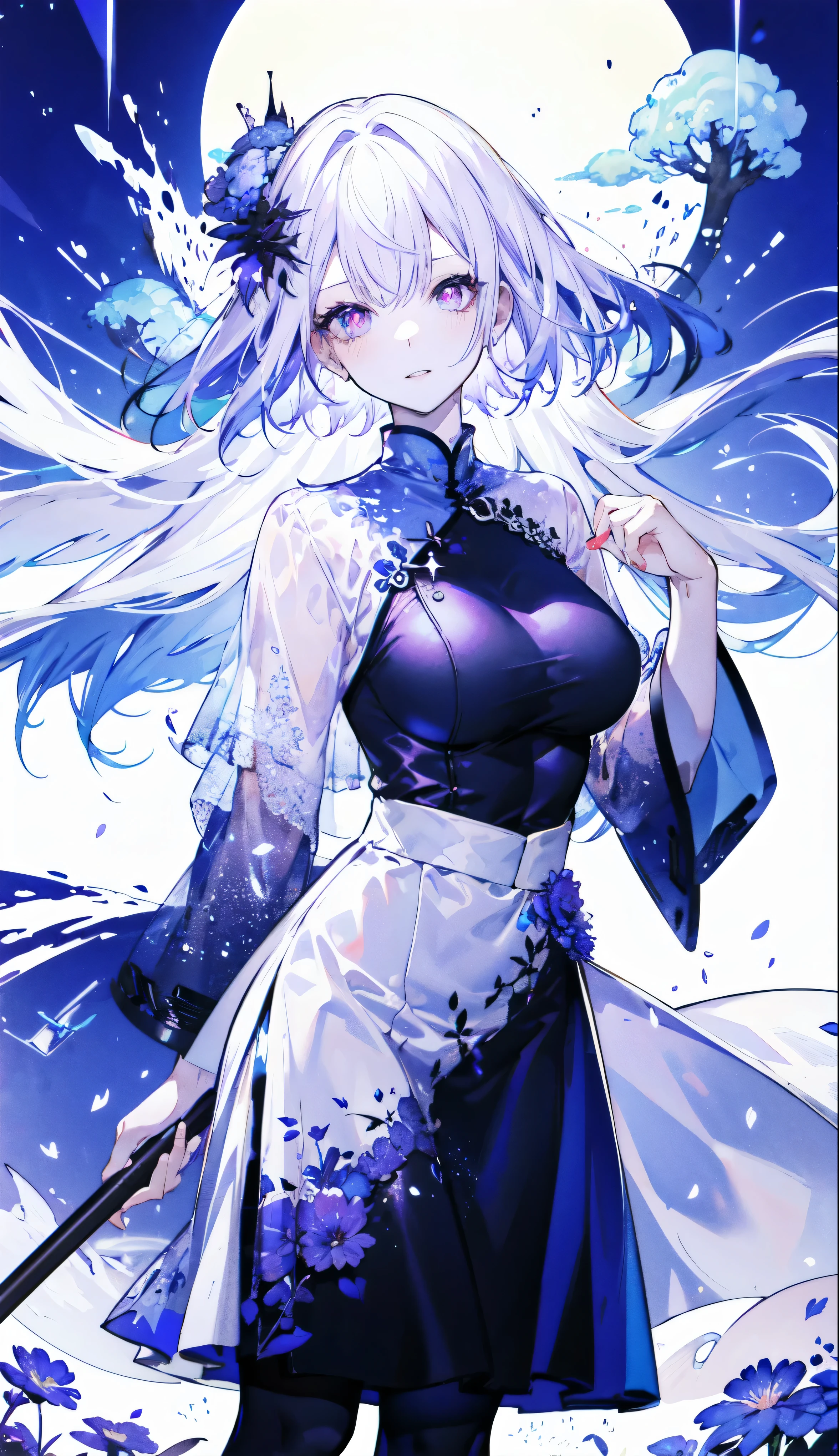 ((masterpiece:1.4,best quality)),(Super detailed),(Extremely detailed eyes),(black leggings,Shiny socks:1.5),Hello Darkness
((Sexy Girl,Large Breasts)),(Blood-red pupils,Diamond-shaped pupil:1.15),Purple Eyeshadow,(elongated hair,Thick hair,shiny hair:1.5)(By changing:1.2),White skin,tilt head to one side,kneel
(She wears blue armor,Tight cheongsam,:1.5),Very long plush sleeves,White,White Cloud,Dream bubbles ,Ice and glitter effects
(Black long skirt:1.1),
(dawn:1.2),
(Intense black and white:1.16),(Depth of Field:1.4),,Intricate details,(Castle in the Sky,Standing by the lake,Purple flowers by the lake)