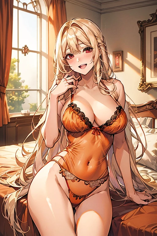 Very detailed、highest quality、Best image quality、masterpiece、8k、Anime Face、A kind smile、Open Mouth、(Blonde long hair:1.5)、big breast, sexy、 beautiful body 、Cowboy Shot, Sexual Intercourse, (red eyes),hotel bedroom, busty, buxom, curvy, voluptuous,(((orange lingerie))),