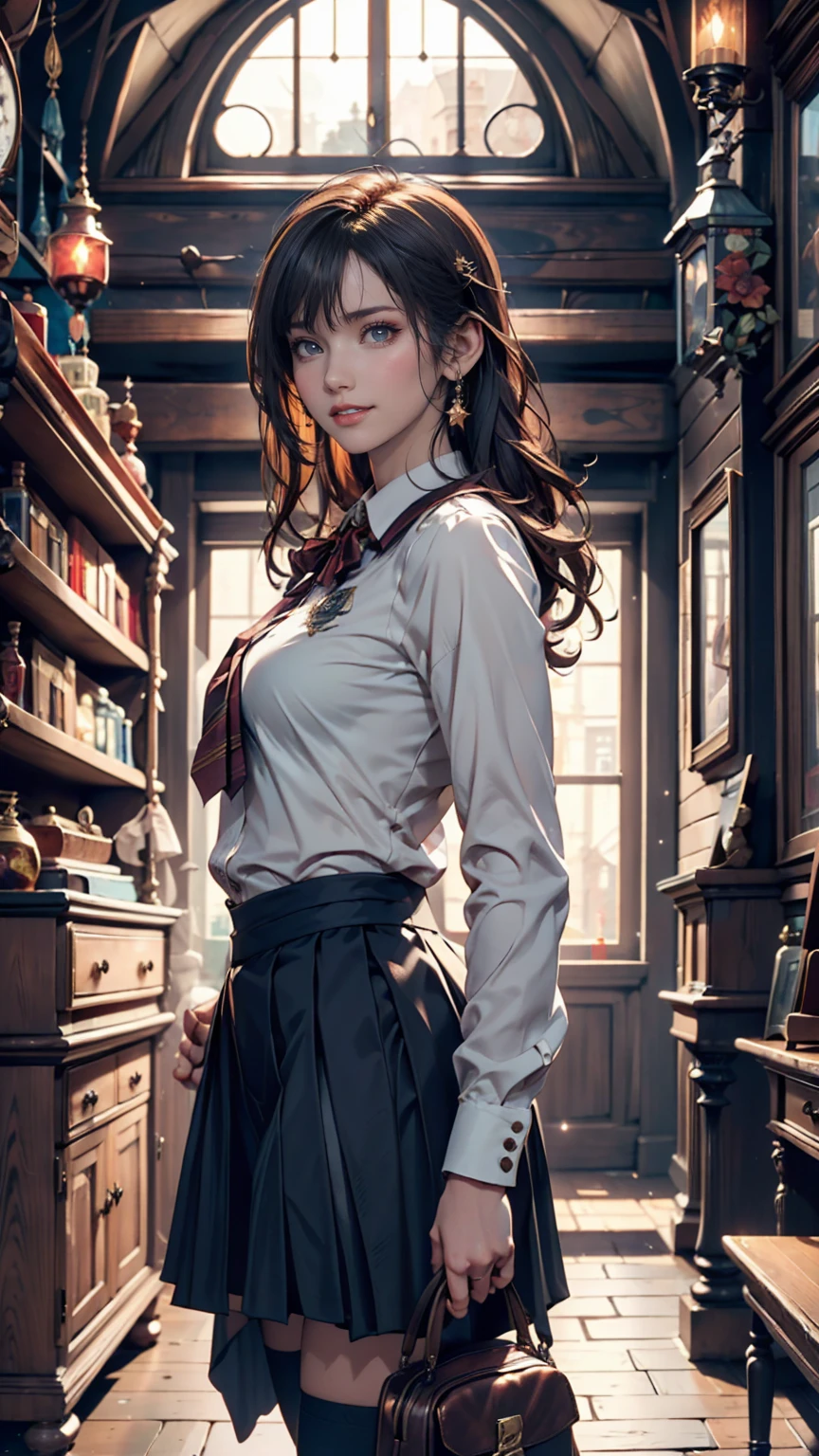 Magic shop interior in a historical setting, Front view, Harry potter, Diagon Alley, Showcase, texture, Maximum details, Pertate board, unmanned, Highest quality, masterpiece, Magic Potion, Mythical creatures、Woman in magic school uniform、Cowboy Shot、smile