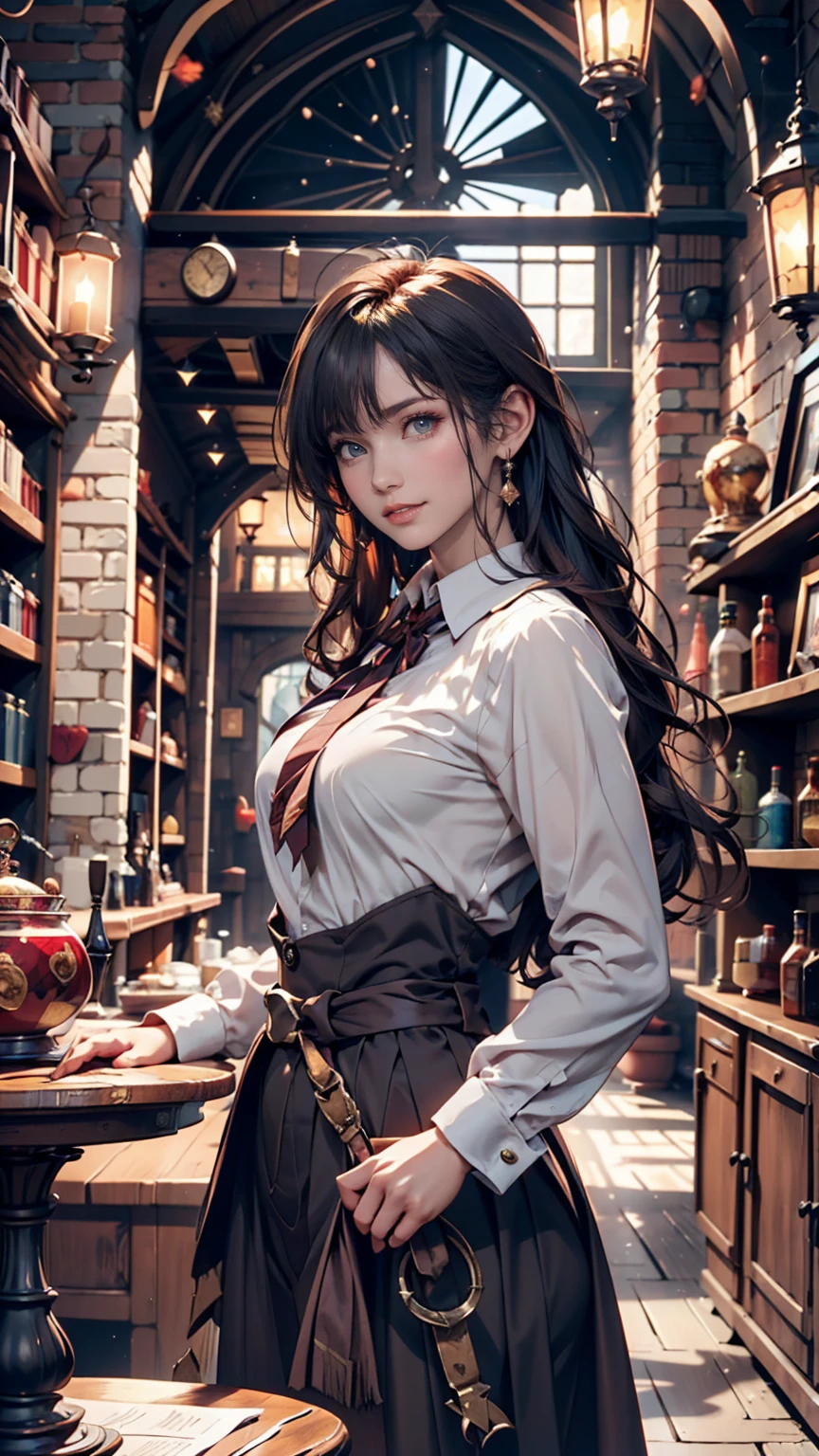 Magic shop interior in a historical setting, Front view, Harry potter, Diagon Alley, Showcase, texture, Maximum details, Pertate board, unmanned, Highest quality, masterpiece, Magic Potion, Mythical creatures、Woman in magic school uniform、Cowboy Shot、smile