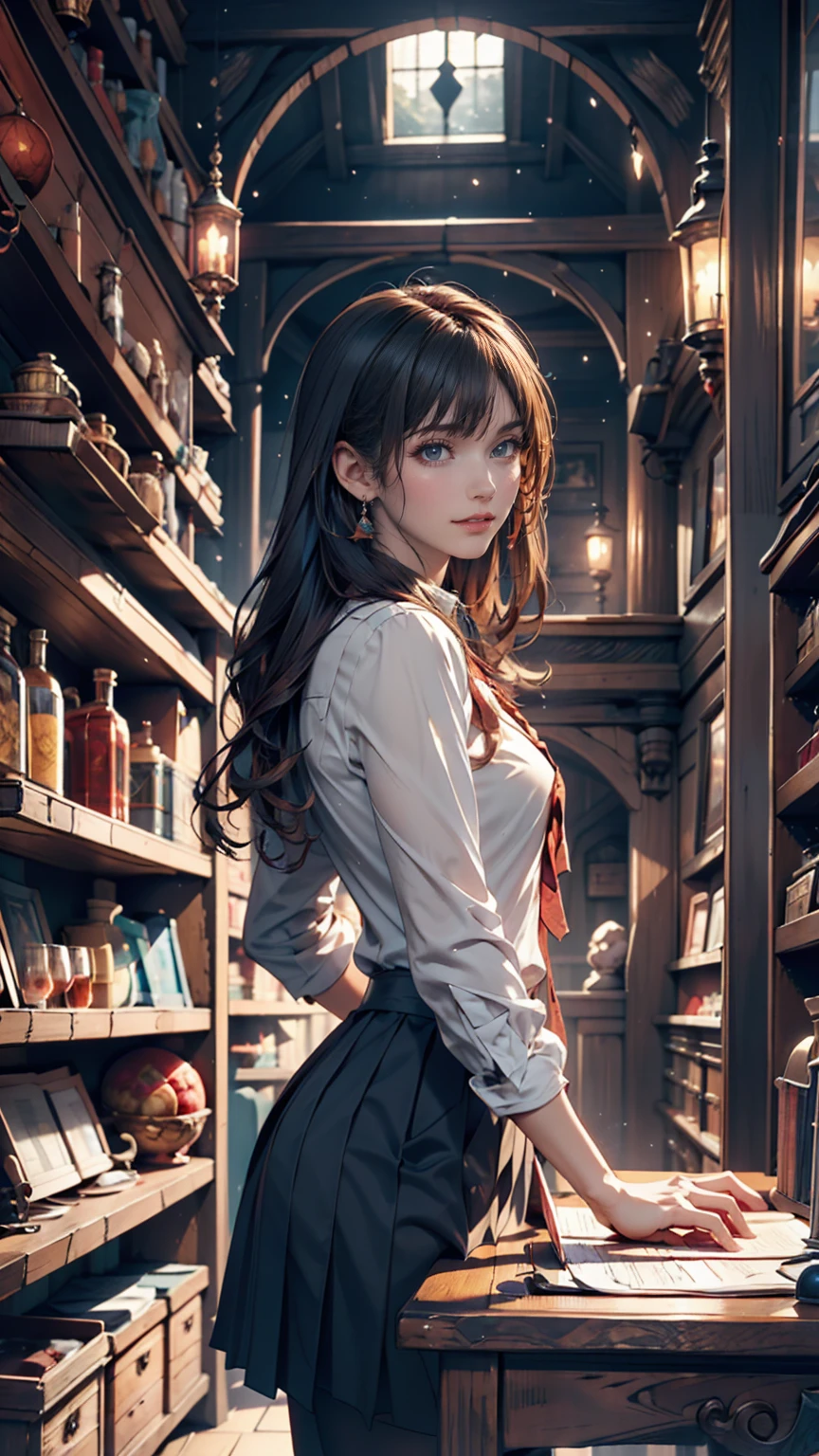 Magic shop interior in a historical setting, Front view, Harry potter, Diagon Alley, Showcase, texture, Maximum details, Pertate board, unmanned, Highest quality, masterpiece, Magic Potion, Mythical creatures、Woman in magic school uniform、Cowboy Shot、smile