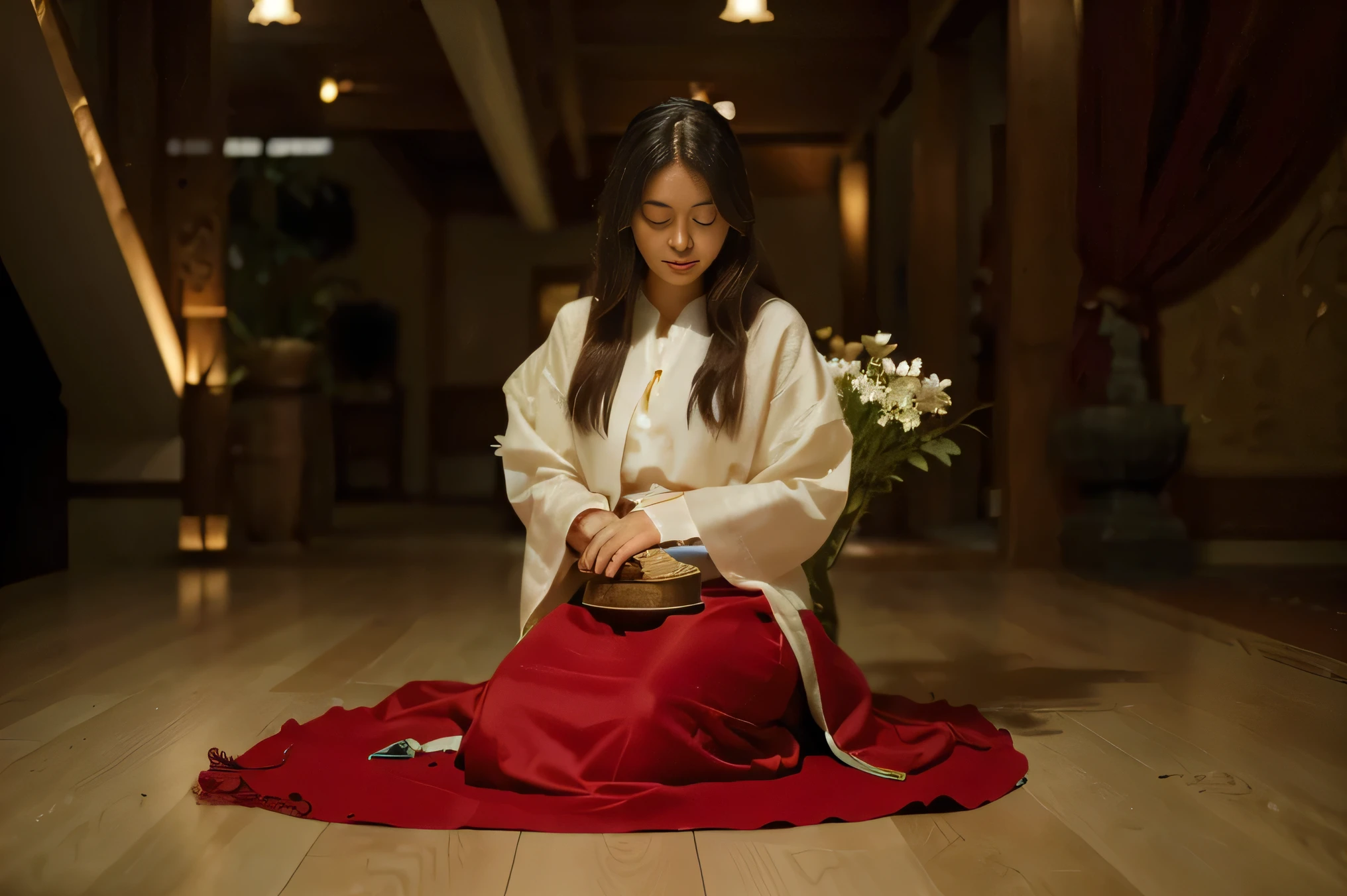 (Best quality, 8k, 32k, Masterpiece, UHD:1.2) Imagine a serene and secluded area within a grand palace, characterized by traditional Eastern architecture. The scene is set in a quiet, sunlit corridor with intricately carved wooden beams and sliding shoji doors that open to meticulously maintained gardens. The atmosphere is calm and refined, with subtle details that hint at the presence of influential figures. The walls are adorned with delicate silk tapestries, and soft, ambient light filters through the paper windows, casting gentle shadows on the polished wooden floors. The garden outside is lush, with a koi pond and carefully placed stones, exuding an aura of peace and contemplation. There's a sense of hidden power and quiet authority, where important yet discreet conversations take place. The overall vibe is one of elegance and understated luxury, reflecting the importance of this wing within the palace hierarchy.