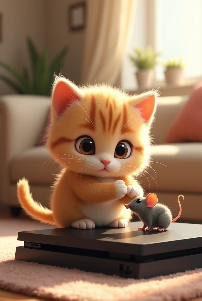cute cat playing with cute mouse on ps4 pro