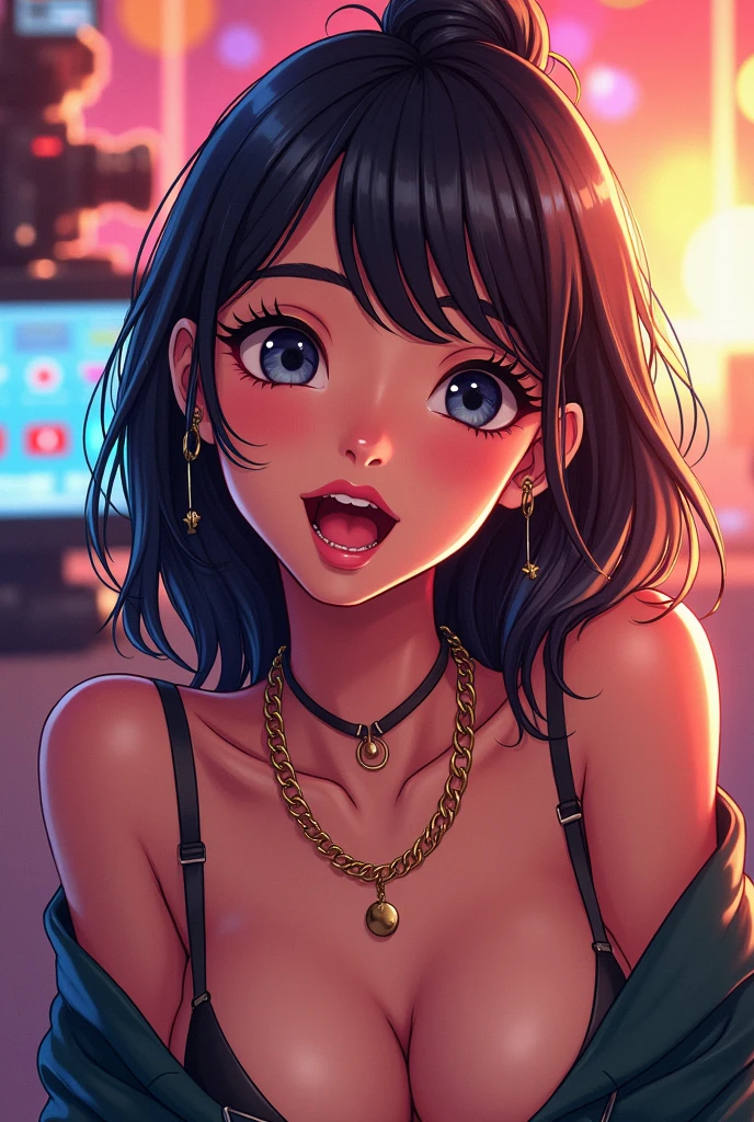 agora A scene of a confident young woman in provocative clothing taking a selfie with her cellphone. Her pose and expression should convey a sense of self-assuredness and allure. The art style should reflect the detailed and vibrant aesthetic of Studio Ghibli, with attention to her fashionable outfit and the playful nature of the selfie.