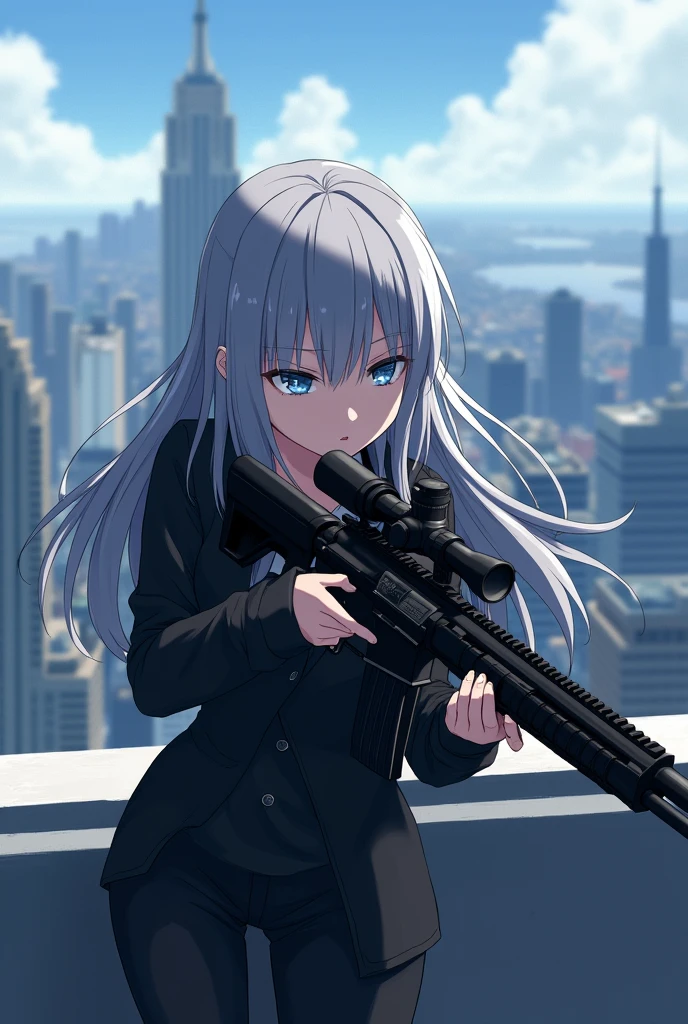 An 18 year old anime girl with long gray hair and blue eyes wearing black clothes standing on the roof of a building trying to snipe and holding a gun 
