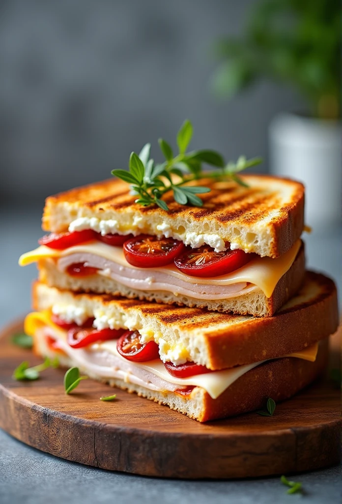 Turkey and Swiss Panini with Feta and Sun-Dried Tomatoes, Add Watermark "Delicious Menu"