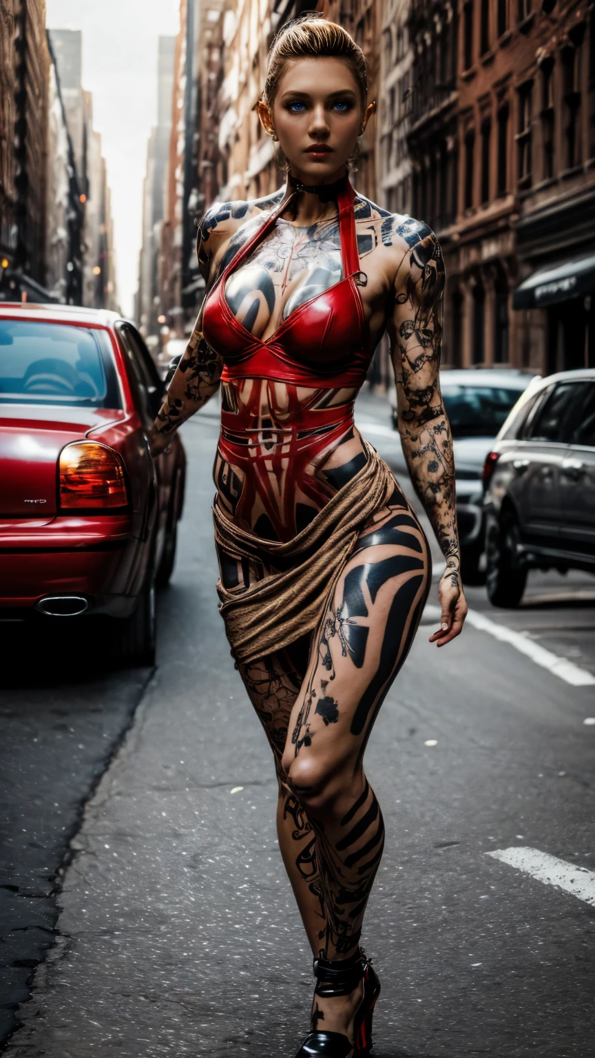 (full length, whole body portrait), (wide angle), a woman in her late 30s, various modeling poses,catwalk strut, slim_soft_and_slender build, (very low set breasts:1.4), (small_and_perky_bust:1.4), bodycon dress (red:1.4), strappy_high_heeled_shoes,honey blonde hair in a messy bun, 8k,masterpiece,strong details,vivid colors,extremely detailed tattoos,extremely detailed face and body, perfect posing,detailed hands, best hands, human anatomy, perfect anatomy, (smooth muscles), flawless skin, NYC street at dawn, jack, no bra