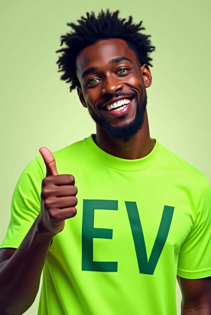 black male plug, wearing a fluorescent green shirt with EV written on it, giving a thumbs up with big green eyes and a wide happy smile