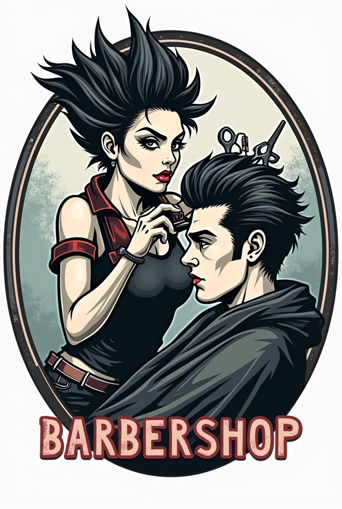 Photo for a barbershop logo with a round frame where a woman is cutting a man&#39;s hair, rock and roll style

