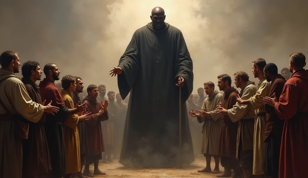 oil painting, In the background the shadow of an archbishop and in front frightened peasants