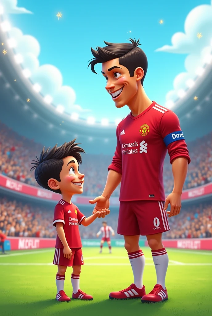 Cartoon photo. A footballer boy with his idol Ronaldo.