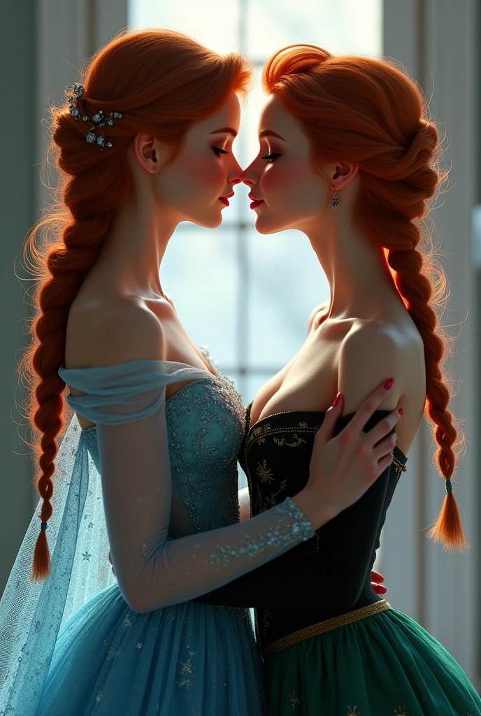 A stunning portrait of Elsa and her sister Anna kissing, French kissing, tongues touching, they are kissing, young and beautiful, hyper realistic, real portrait, backlit, exquisite features, cleavage, Elsa is showing her vagina to Anna and asking her to lick her vagina, she is inserting his fingers in her vagina under her skirt, she is fingering her, Elsa is in ecstasy, (anna has red hair)