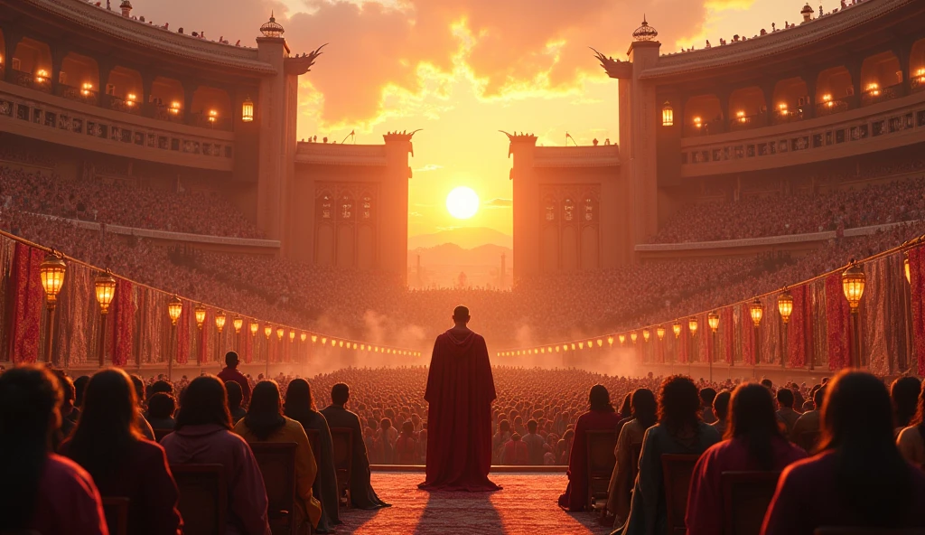 Create a hyper-realistic image of a sunset ceremony in a large outdoor amphitheater. Solomon is at center stage, speaking to an attentive audience, while people around celebrate and show signs of achievement and contentment. The scene should show the amphitheater filled with people wearing traditional costumes., with lanterns and decorations illuminating the scene at twilight. The golden light of the sunset should create an inspiring and optimistic environment..
