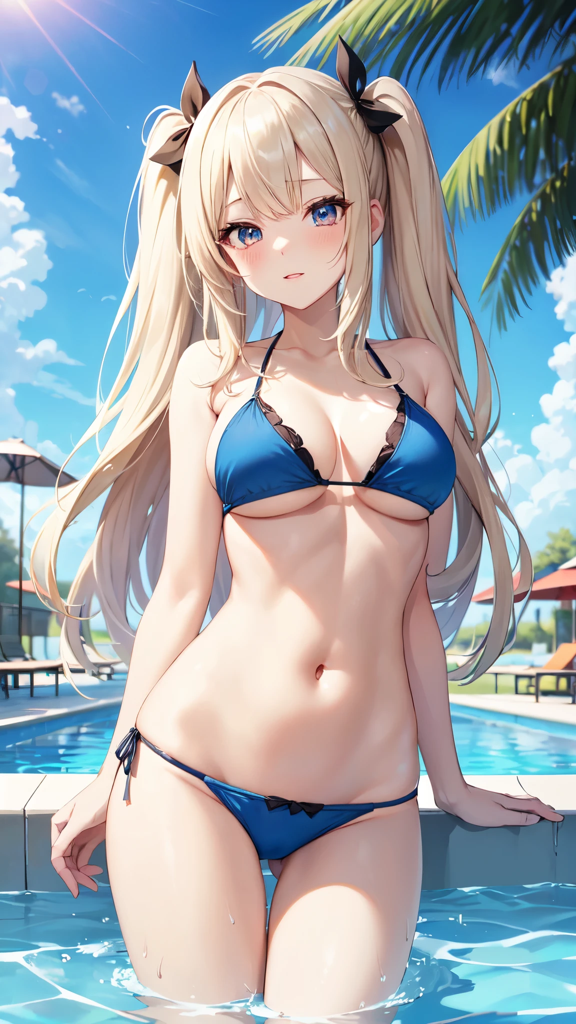 ((Best Quality)), (ultra-detailliert), ((Extremely detailed)), (Beautiful), ((Kawaii Girl)), ((UHD)), (masterpiece), (high quality), (best quality), (4K), (high quality), 1, solo girl, 1girl, ((platinum blond hair)), parted bangs, ((hair intakes)), long hair, (hair two side up long), ((jade colored eyes)), slanted eyes, large breasts, slender body, layered bikini, Pool Background, (blue sky:1.3), solar, sunlight, anime style
