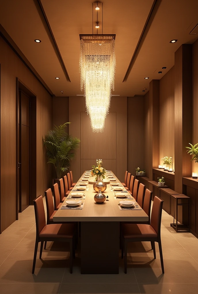 Restaurant tea room, ceilings 3.5 meters, rectangular flat ceiling, on the ceiling a rectangular chandelier made of small crystals, the floor is light brown porcelain stoneware, a long rectangular 6 meter st
