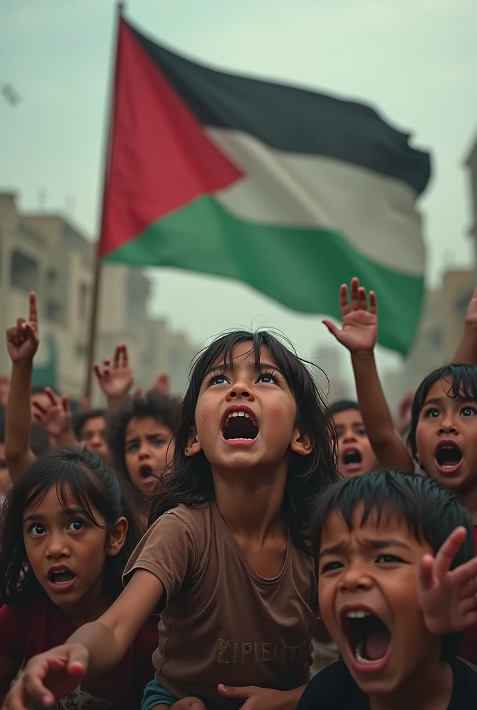 Palestine country
multi child cry for food ,water on drwa pictures with flag hungry