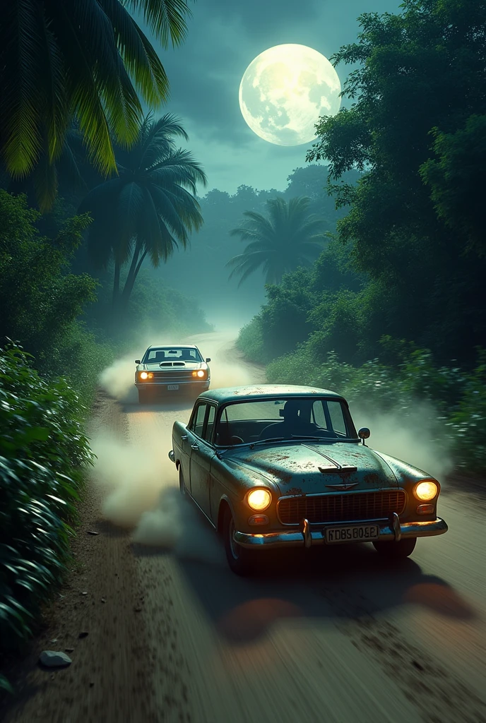 An old car chasing another car at night in the jungle.