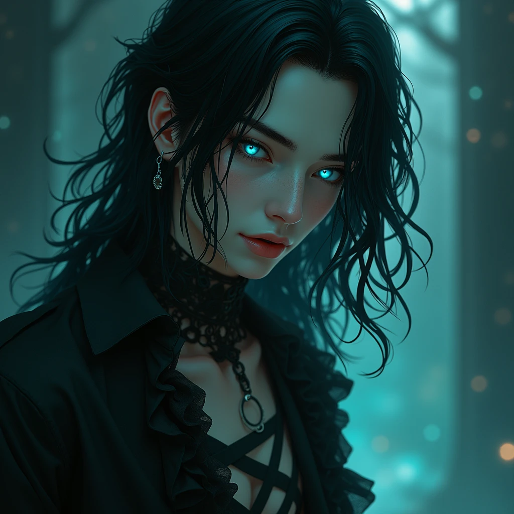 Long pretty black hair, Teal blue eyes, Male, Blue and black frilly gothic clothes, Surrealism, Sexy, Masterpiece, Shiny, Gloomy effects, 8k, super detail, Shiny, Beautifully detailed, Pretty drawn. Anime style. Sexy pose, hot. Seductive pose. 