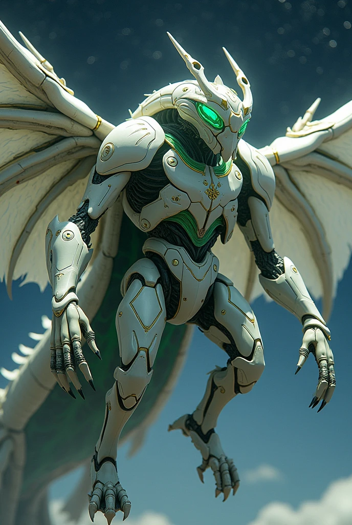 1 robot, humanoid cyborg dragon, 2 meters tall, bioroid, cyborg with beetle and dragon characteristics, face shield with oriental dragon and beetle motifs, two insect compound eyes, beetle Shiny armor panels that closely resemble the outer shell of a dragon, a beautiful white armor color and green polarization, a plant-like muscular internal frame, elytra on its back, four dragon wings and thrusters stored inside the elytra, Insect wing veins on dragon wing skeleton, BLAKE, Starry Sky, in flight,