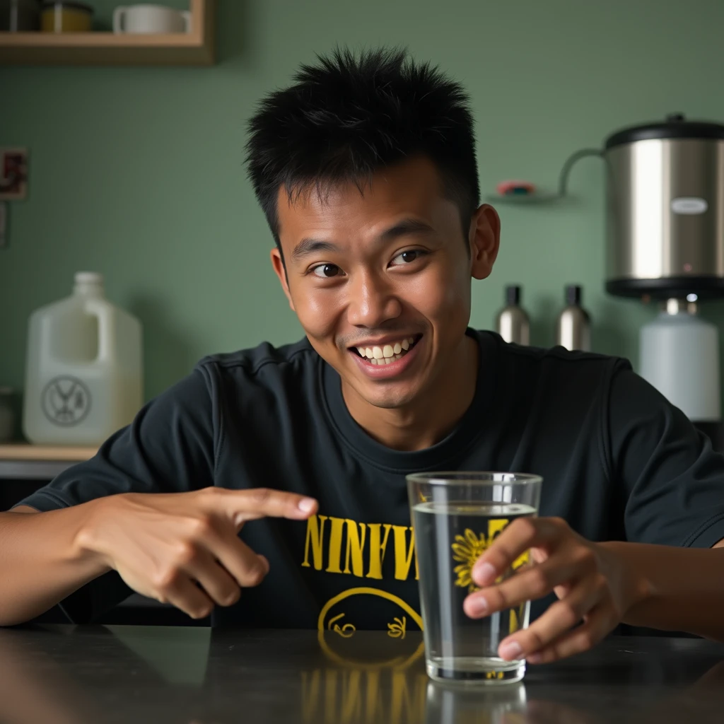 real photos of young Indonesian men's faces. expresso bulging face. wearing a nirvana t-shirt. while his right hand is holding a glass glass filled with water showing it to the camera. left hand pointing towards the glass. atmosphere in the kitchen. Next to it is a gallon and diapenser. Ultra-realistic 8K photograph, shot with a Leica Q2, strong color contrast and sharp clarity --ar 9:16 --quality 2 --