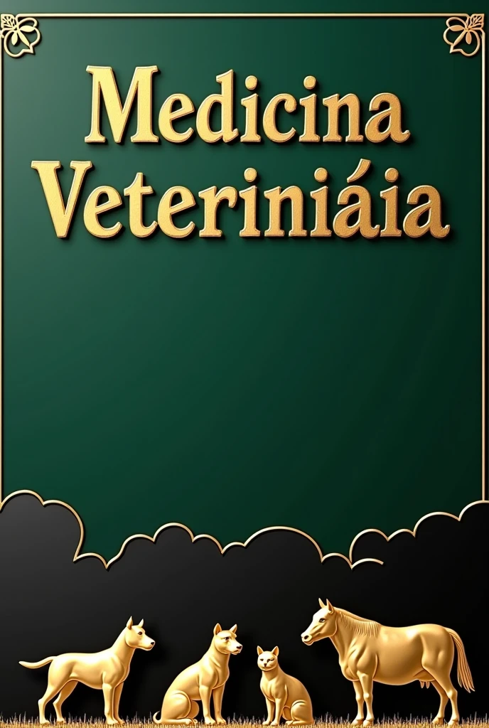 Create album cover with classic plain green and black background. Written above Veterinary Medicine in Portuguese with gold letters. Below a dog, one cat, a horse and a cow in golden relief