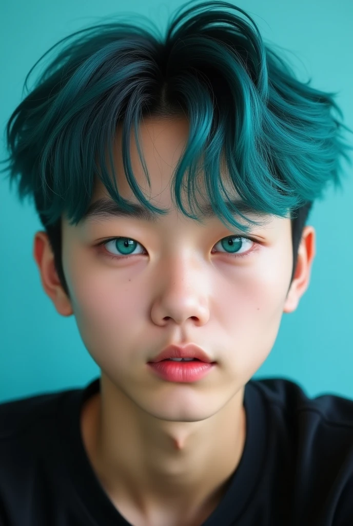 Teenager man highlightsturquoise-hair base-blackhair brightskin round-face turquoiseeyes playful style  korean