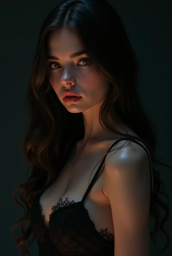 A , enigmatic girl with an extraordinary allure. Framed against a dark background, her smooth skin glows under subtle, sharp focus lighting. Her lascivious gaze pierces through the shadows, capturing and captivating. A sensual, erotic energy emanates from this fantasy oil painting in the style of Fr4z3tt4, as if Rogi's brushstrokes have awakened an artstation concept art piece come to life.