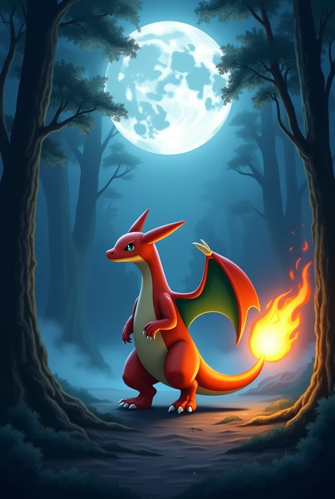 Create a mystical image featuring the Pokémon Charizard bathed in moonlight. Charizard stands in a dark, lush forest, its flaming tail glowing softly. The moonlight highlights Charizard's powerful form, casting long shadows among the trees. The scene is serene and mysterious, with a full moon in the sky and a subtle mist drifting through the background, enhancing the magical atmosphere