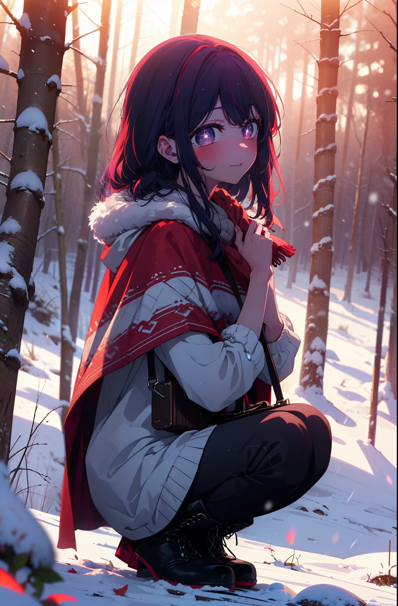 aihoshino, Ai Hoshino, Long Hair, bangs, (Purple eyes:1.1), Purple Hair, (Symbol-shaped pupil:1.5), smile,,smile,blush,white breath,
Open your mouth,snow,Ground bonfire, Outdoor, boots, snowing, From the side, wood, suitcase, Cape, Blurred, , forest, White handbag, nature, Squat, Mouth closed, Cape, winter, Written boundary depth, Black shoes, red Cape break looking at viewer, Upper Body, whole body, break Outdoor, forest, nature, break (masterpiece:1.2), Highest quality, High resolution, unity 8k wallpaper, (shape:0.8), (Beautiful and beautiful eyes:1.6), Highly detailed face, Perfect lighting, Extremely detailed CG, (Perfect hands, Perfect Anatomy),