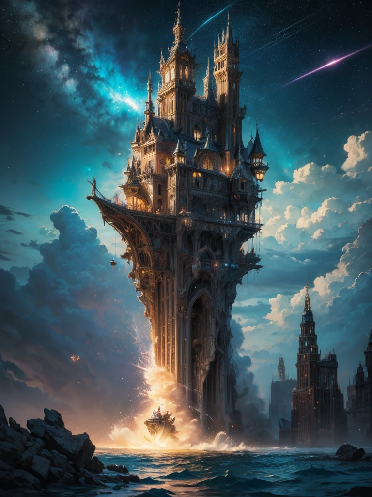 (8k, highest quality, masterpiece, final fantasy style: 1.2), (unRealistic, photoRealistic: 1.37), Dreamy landscape, Fantasy, Unsurreal landscapes, Super detailed, Flying Castle, Floating Island in the Sky, Seven-colored swirl of light, Intense lightning, milky way, Complex Light, Colored light, Large Lake, Starry sky reflected on the lake surface, Countless shining stars, Meteors, Reflections , (A pillar of light emanated from the ground:1,2), roses and orchids gardens , sunset, pink clouds, waterfalls in the sky, realistic style, Hyperrealism drawing, a flying pirate spaceship floating at the clouds level, burning skyscrapers, cyborgs, timeless realms, stunning princess , floating hair, pink lipstick, cute, shoulders , casting spell, healing light magic effect, in a magical lagoon of the fairyland, crystal clear water surface reflections, sharp focus, looking at viewer, (close-up:0.9), (bright white theme:1.2), (bright white tone:1.2), (deep blue tone:1.3), realistic, Hyperrealism,