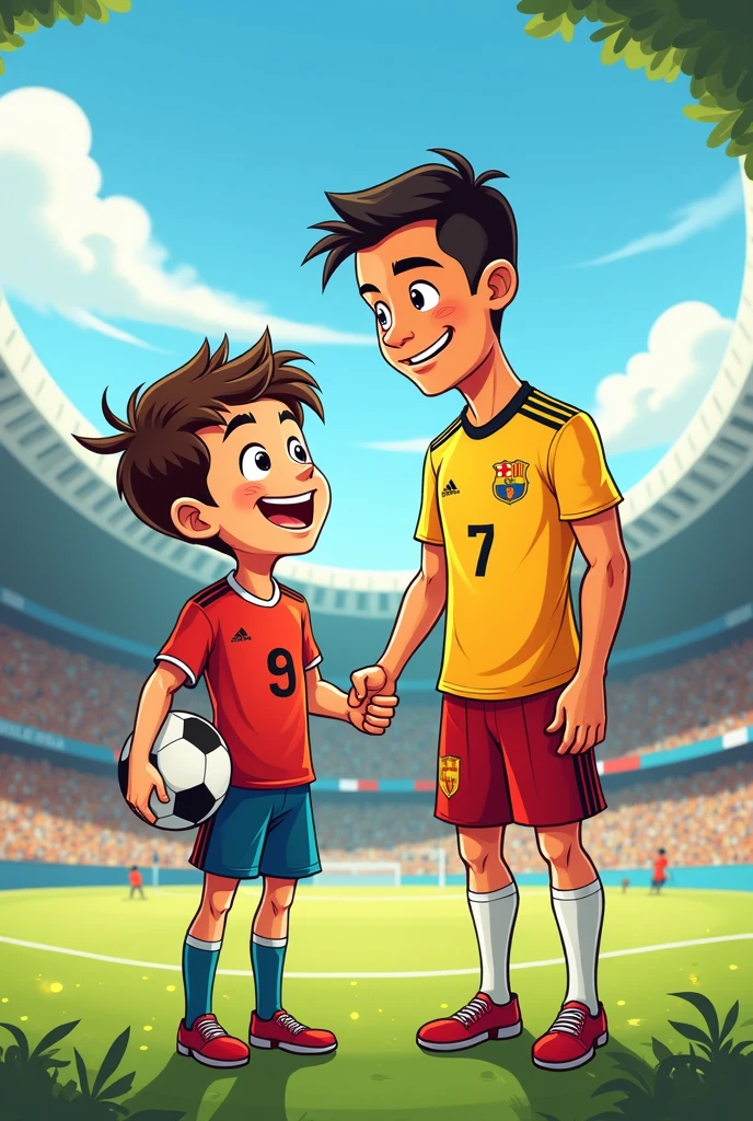 Cartoon photo. A footballer boy with his idol Ronaldo meet