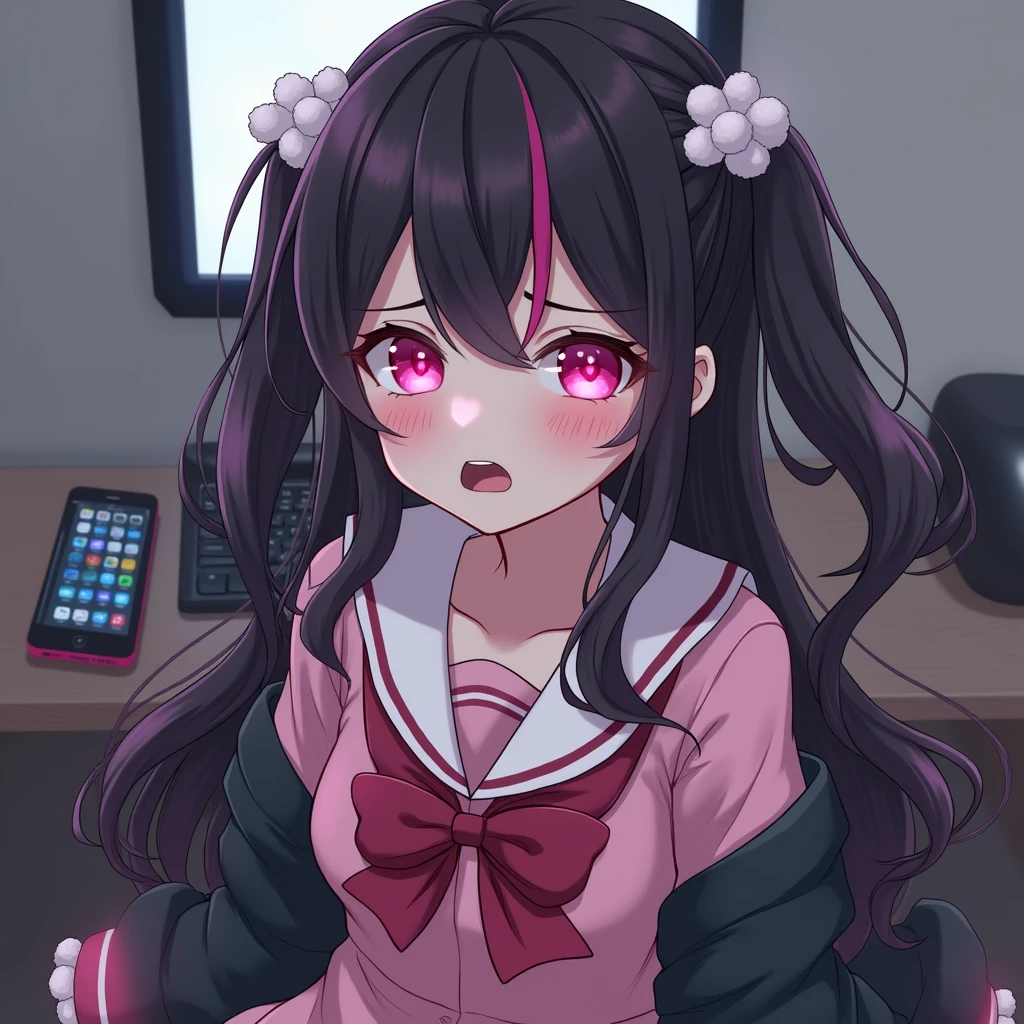 One person, Black Hair,Pink inner color,Long Hair, bangs,Half Twin Tail,Pink eyes, Droopy eyes,Take a closer look, Hearts in eyes, ribbon, Headband, White fluffy hair accessories,anime, anime風, skirt,Pale skin,Frills,Mine system,smartphone,Pink Sailor Suit,Dark cardigan,Drooping eyes,Confused eyes,Worried brow,Yandere,background computer,smartphone,delivery,Illness,Expose,night