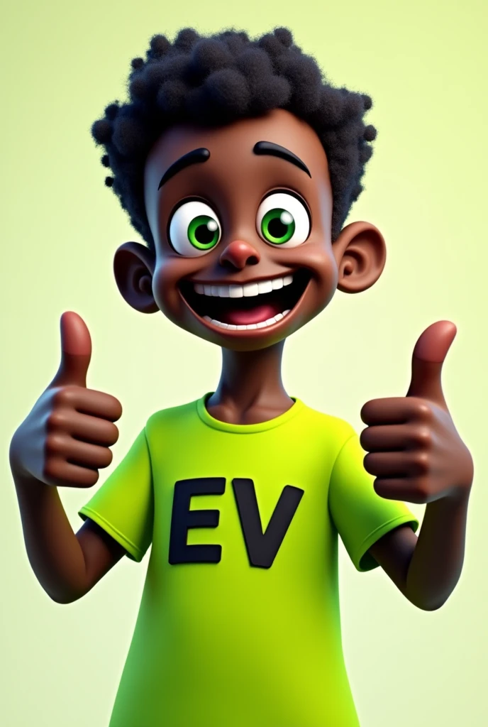 black male socket plug, wearing a fluorescent green shirt with EV written on it, giving a thumbs up with big green eyes and a wide happy smile