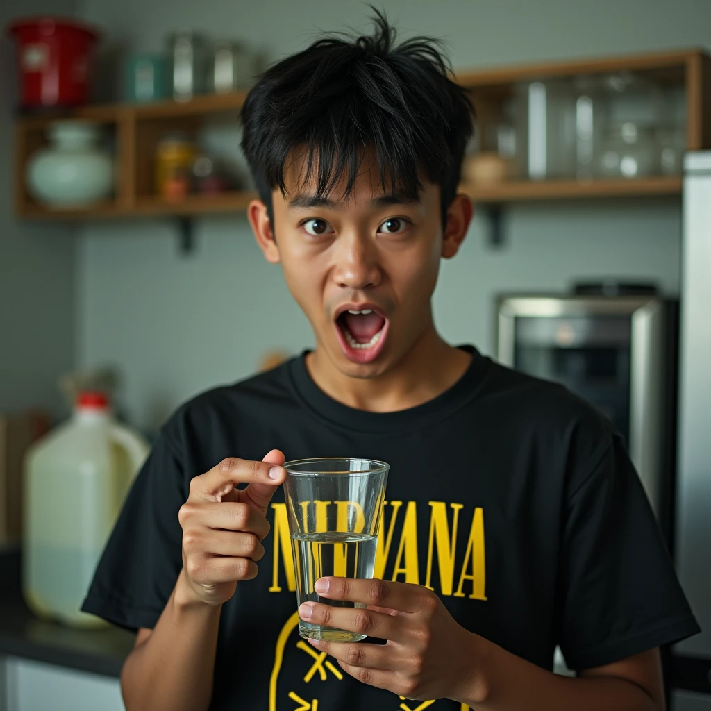 real photos of young Indonesian men's faces. expresso bulging face. wearing a nirvana t-shirt. while his right hand is holding a glass glass filled with water showing it to the camera. left hand pointing towards the glass. atmosphere in the kitchen. Next to it is a gallon and diapenser. Ultra-realistic 8K photograph, shot with a Leica Q2, strong color contrast and sharp clarity --ar 9:16 --quality 2 --