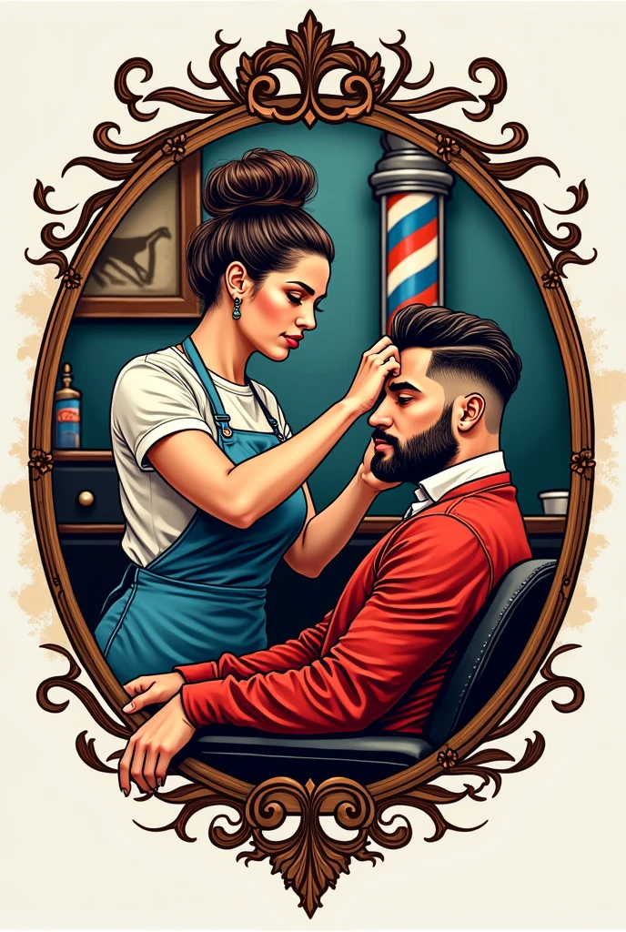 Photo for a barbershop logo with a round frame where a woman is cutting a man's hair, tattoo style