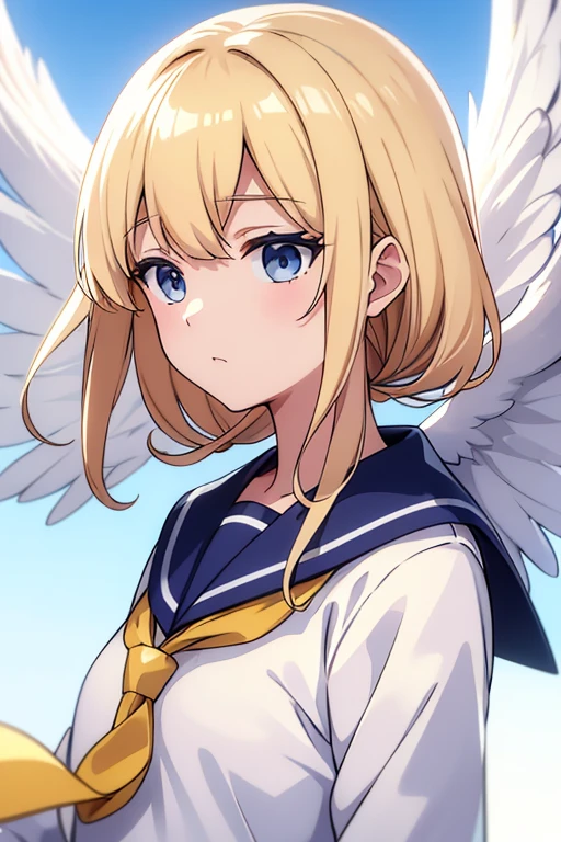 Wearing a sailor uniform,It has white wings.,Golden Hair,hair grows to the shoulders、Hair blowing in the wind,Rin々Funny face,,White background,