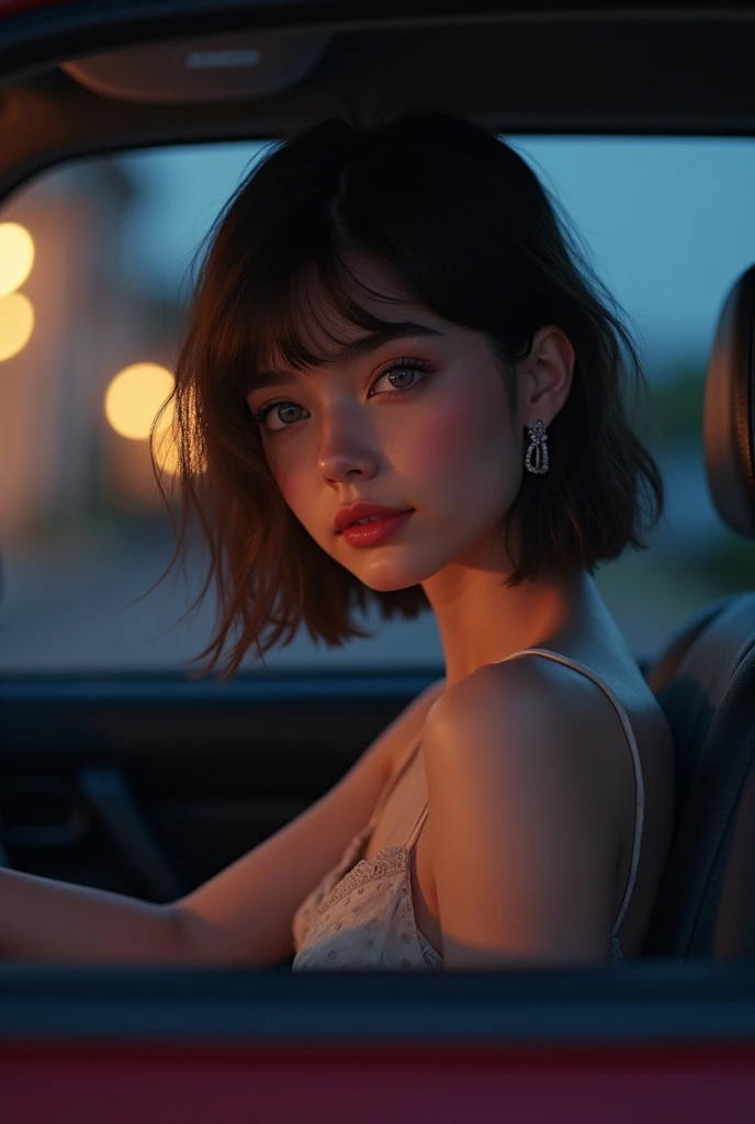 Cute eighteen , passenger seat of car, short dress, low cut top, brunette, young, eye contact, nighttime, street lights, smiling, smile, young girl, thin legs, skinny, short skirt, eighteen, sweet, parking lot, closed mouth, mouth closed, slim, tiny body, 18, blonde, bright blue eyes, red lipstick, short hair, parked outside house 