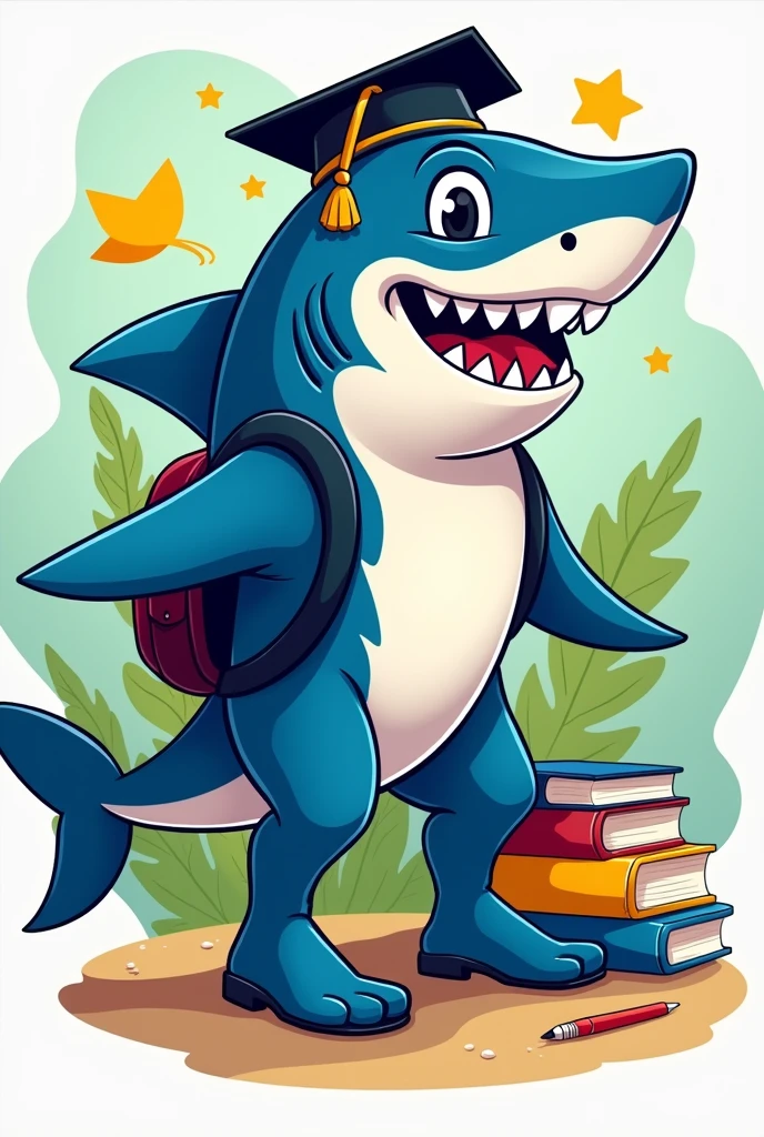 Help me create a mascot for my work institution, which is based on education, do it like a shark the colors we use are blue, yellow and green, Give me designs with different animals