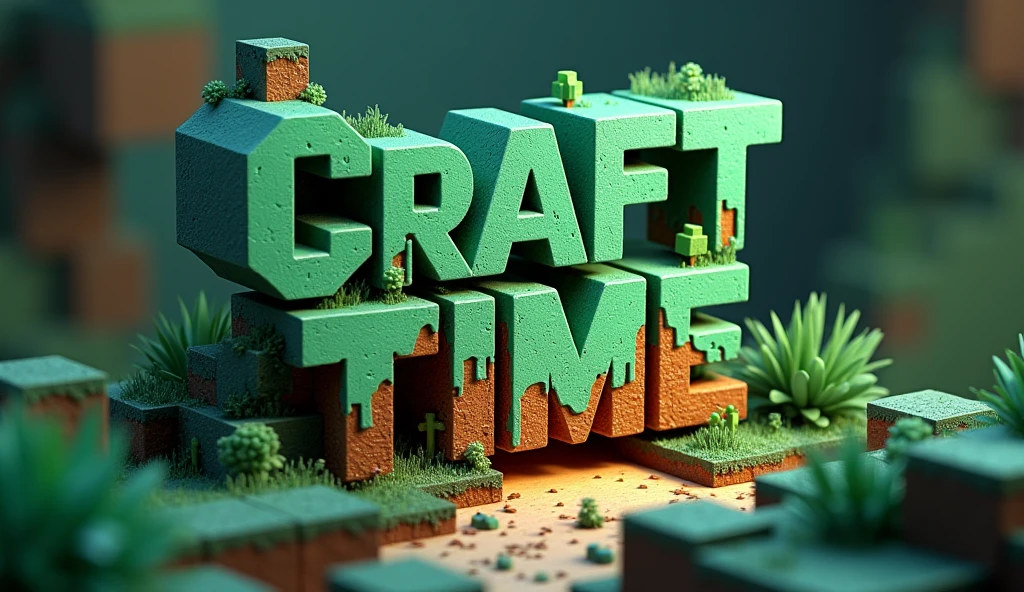 A hypnotic 3D rendering of "Craft Time" Logo that captivates the viewer with its innovation, Minecraft style font, Echoing the iconic aesthetic of Minecraft. The distinctive letters are crafted from a combination of bright emerald tones and deep earthy hues, As if carved from vibrant, Game materials. Each letter subtly drips and transforms, Giving a dynamic sense of motion while glowing with a soft touch, Glowing sheen. Surrounding the logo are miniature cubes, Pixelated particles, And subtle touches of foliage, Reminiscent of Minecraft's lush landscapes. The dynamic atmosphere is reinforced by a contrasting background, doing the vibrant colors and intricate details of the logo stand out brilliantly. This design embodies the adventurous and creative spirit of the Minecraft world, doing "Craft Time" Memorable and visually stunning.