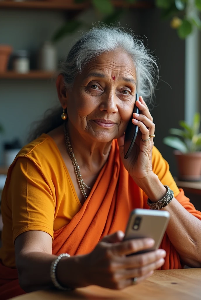 Indian aunty taking selfie in one hand and other hand calling mobile