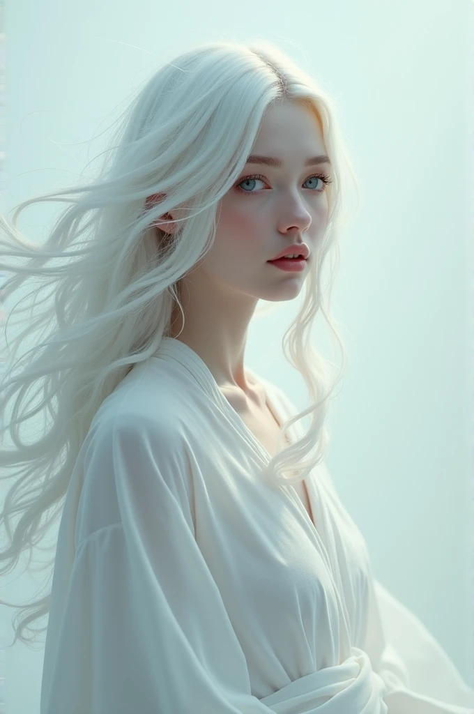 White hair blue eyes white clothes