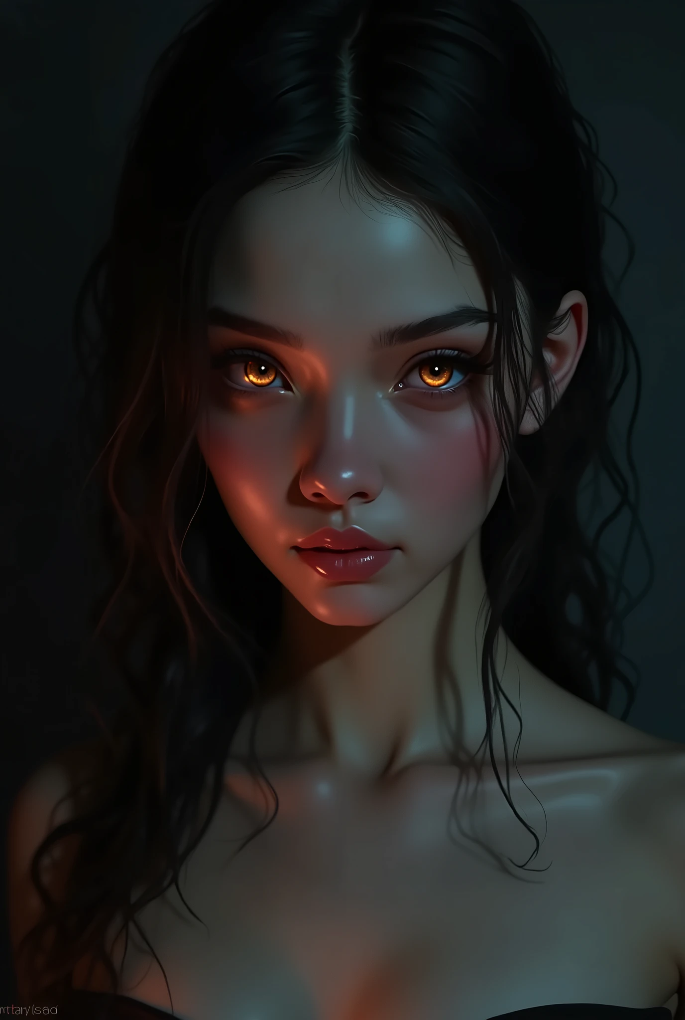 A , enigmatic girl with an extraordinary allure. Framed against a dark background, her smooth skin glows under subtle, sharp focus lighting. Her lascivious gaze pierces through the shadows, capturing and captivating. A sensual, erotic energy emanates from this fantasy oil painting in the style of Fr4z3tt4, as if Rogi's brushstrokes have awakened an artstation concept art piece come to life.